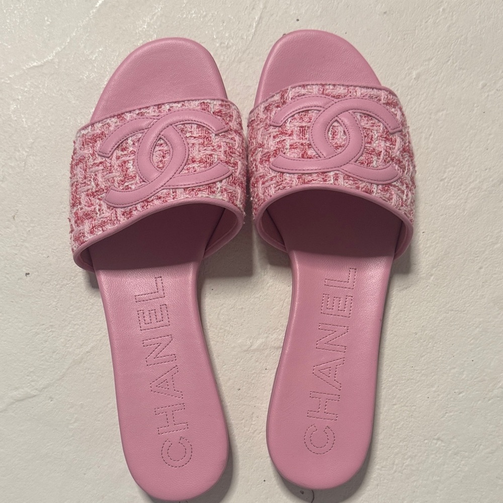 Chanel Pink Tweed Slide Sandals